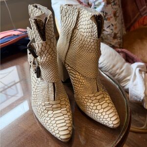 Freebird by Steven Cream Snake-Embossed Pointed Ankle Boots